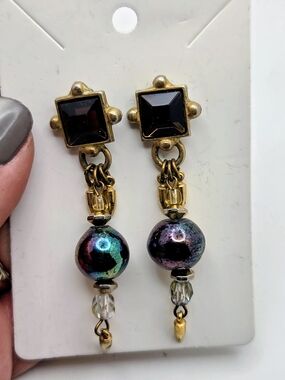 STATE Gold-Tone Drop Earrings with Black Studs & Iridescent Beads